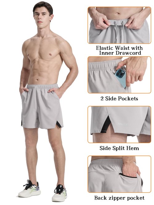 Men's Running Athletic Shorts 5 inch Quick Dry Workout Short Tennis Gym Shorts with Zipper Pockets Light Gray M