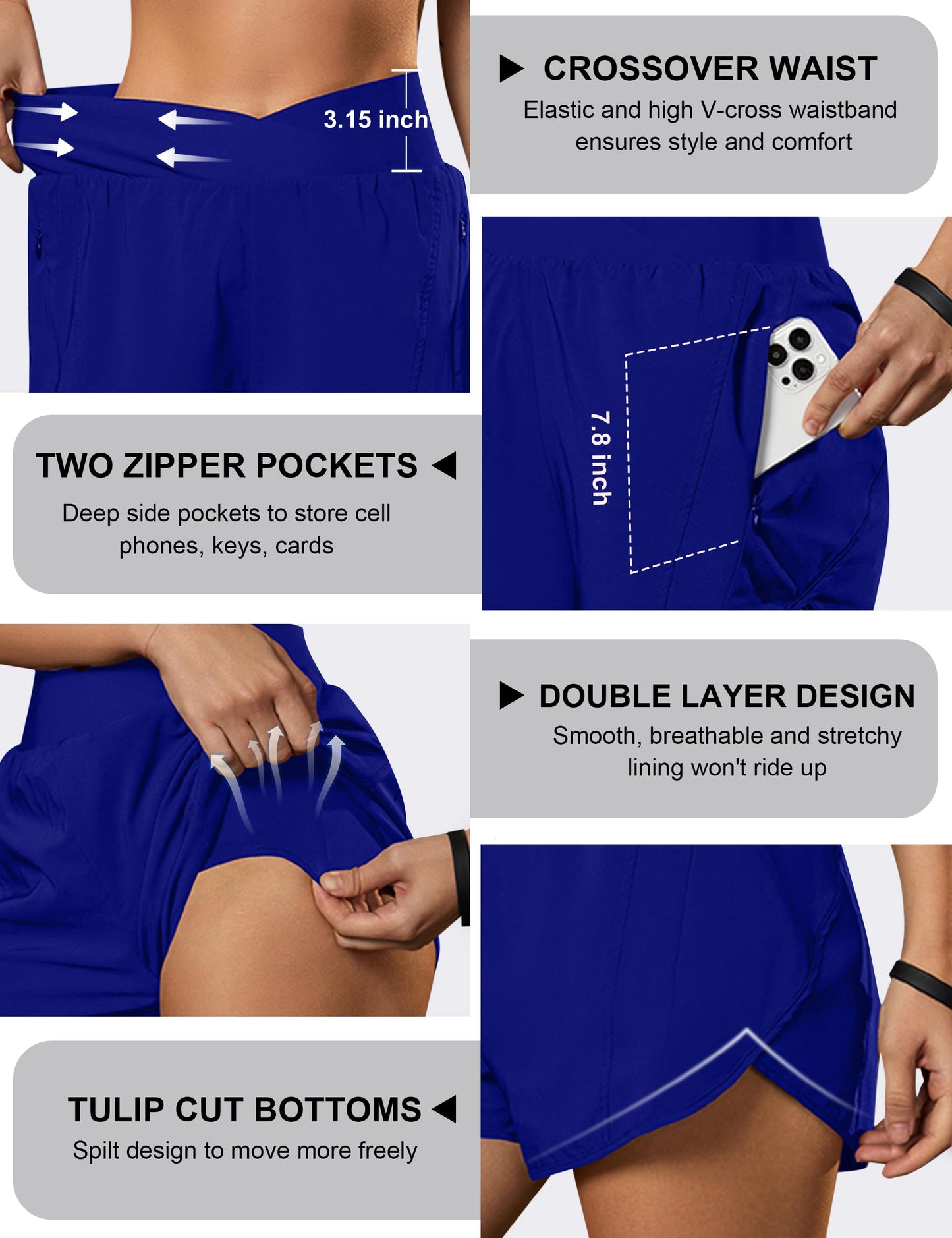 Blooming Jelly Women's Workout Shorts Athletic Running Elastic High Waisted Black Tummy Control Shorts with Zipper Pockets (Royal Blue,XX-Large)