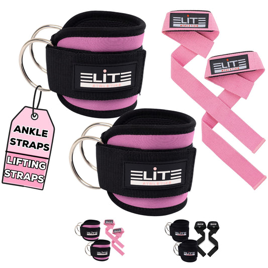 Elite Athletics Ankle Strap for Cable Machine Attachment, Gym Ankle Cuff for Cable Kickback, plus Wrist Straps for Weightlifting and Carry Bag (pink)