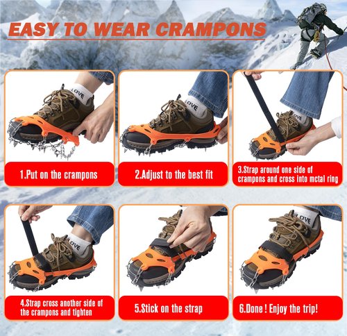Crampons, Ice Cleats for Shoes and Boots, Traction Snow Grips, Anti Slip 19 Stainless Steel Spikes Safe Protect for Women Men Kids Hiking Climbing (Orange, XL)