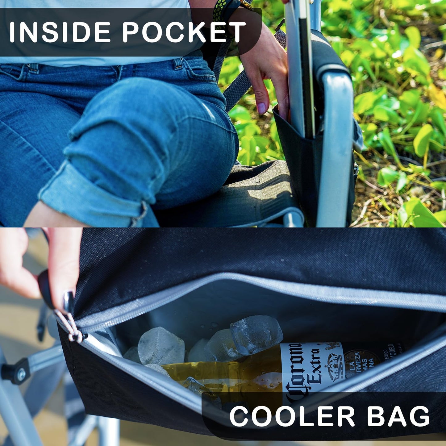 FUNDANGO Rocking Camping Chair for Adults, Oversized Portable Rocking Chair Outdoor Folding with Cooler and Side Pocket for Outside, Backyard, Patio, Lawn, Garden (Black/Grey)