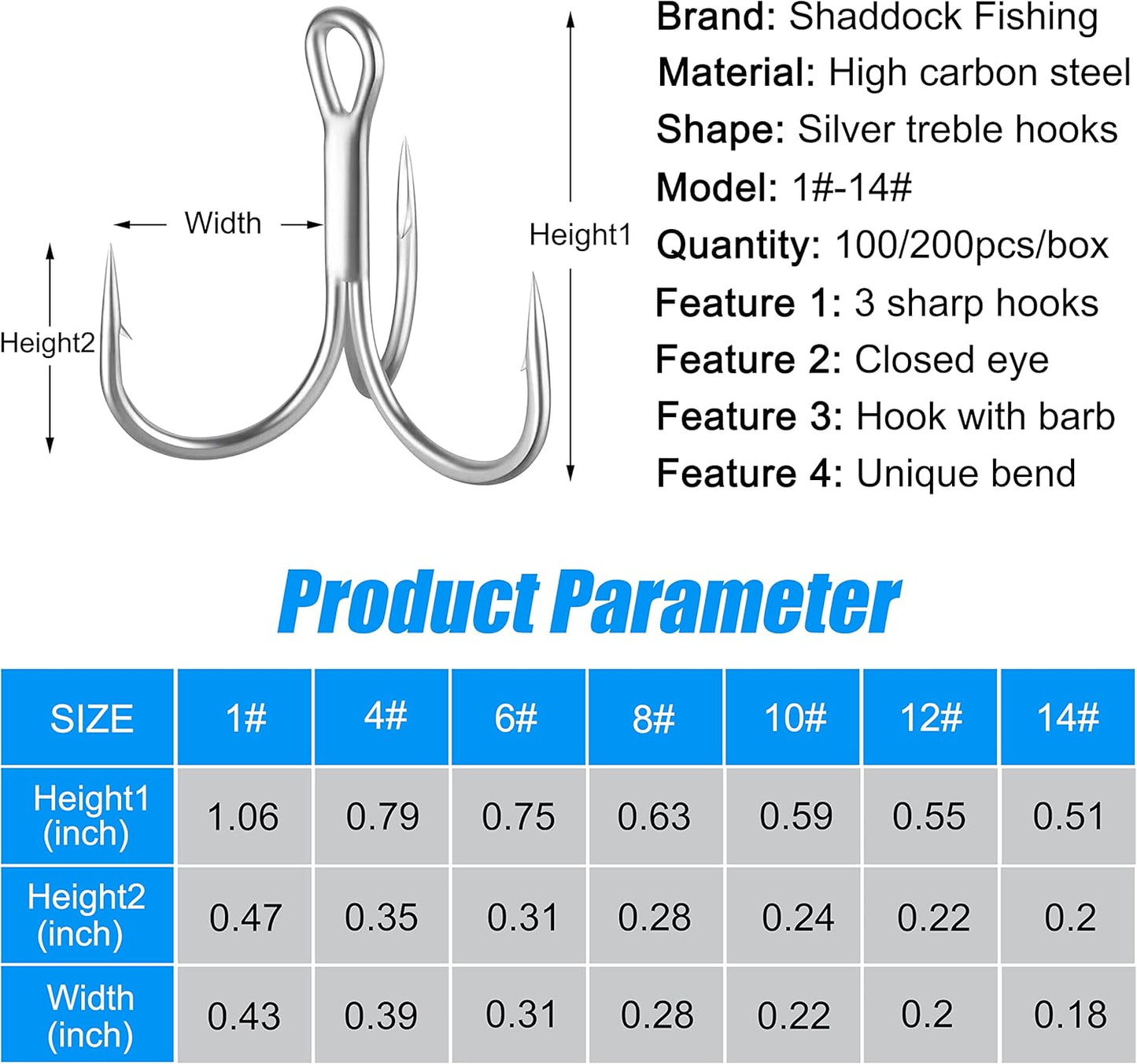 Shaddock Fishing Treble Hooks, Round Bend Short Shank Treble Hooks, High Carbon Steel, Wide Gap for Lures, Baits, Stripe, Trout, Bass, Salmon, Panfish 100/200PCS