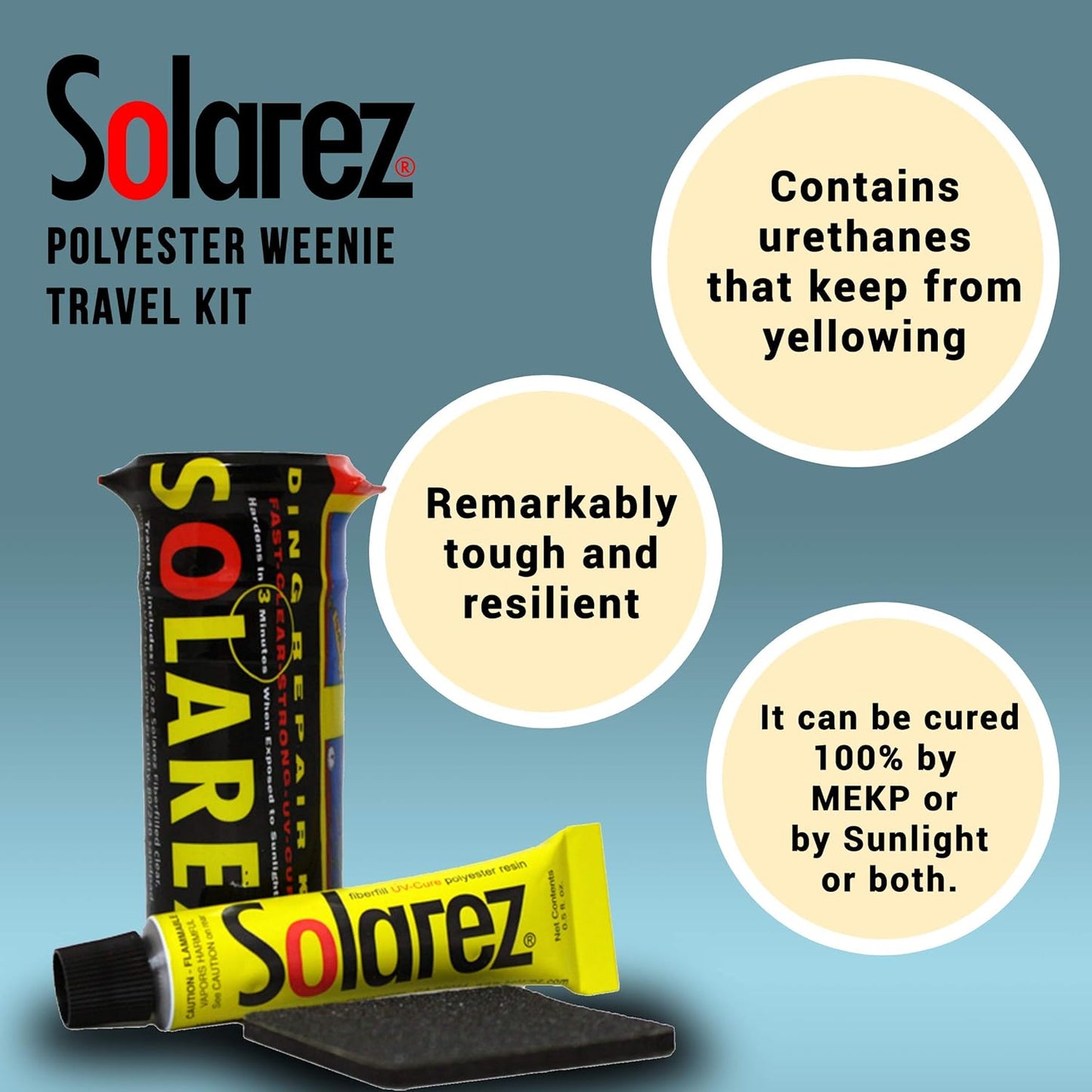 SOLAREZ UV Cure Polyester Weenie Travel Kit - Surfboard Repair Kit (0.5 Oz) Original Solar Cure Polyester Resin, Grit Sand Pad in a Watertight Capsule ~ High Strength, Non-Yellowing, Made in The USA