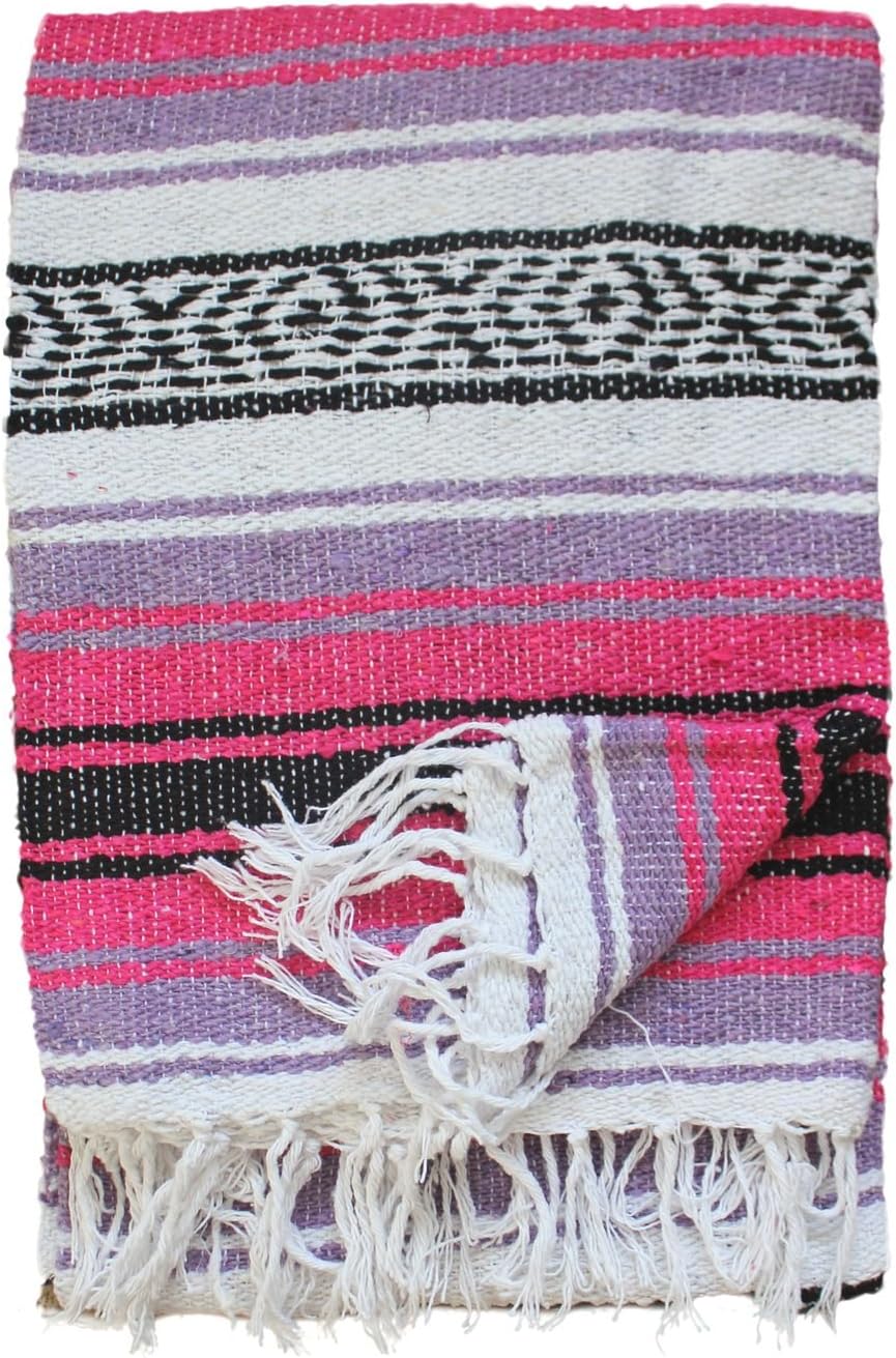 Authentic Del Mex Large Mexican Blanket - Woven Falsa Throw (70"x50") for Beach, Yoga & Outdoor Decor - Pink/Tan
