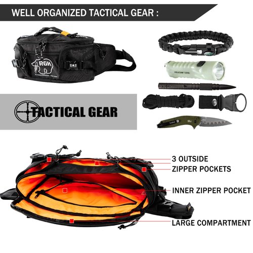Rough Enough Tactical Fanny Pack Large Waist Bag for Men Crossbody, 5L, Waterproof Cordura Black, Fishing Hiking Hunting Travel