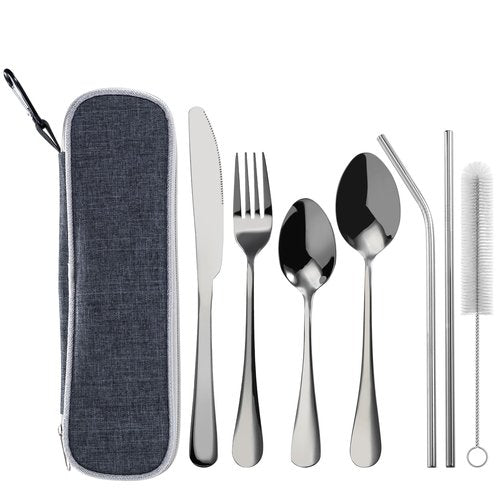 Portable Easy-taking Stainless Steel Spoons and Forks Set for Home Office or Ourtdoor Camping or Picnic Use with a Little Carry Bag