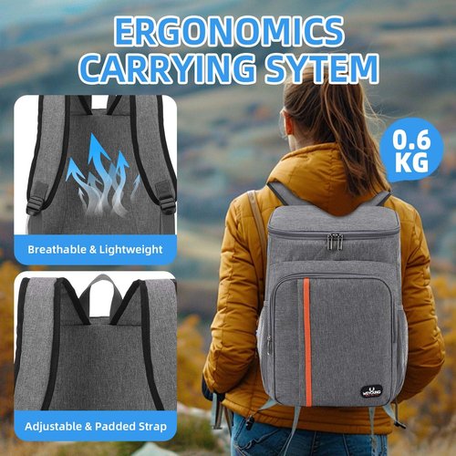Bagtopia Camping Cooler Backpack 25 Cans, Leak Proof Soft Insulated Compartments Thermal Bag, Portable Lightweight Beach Travel Trip Picnic Lunch Backpack for Men and Women, Stripes-Grey