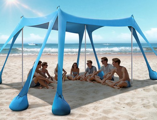 Rengue Beach Tent, Beach Canopy UPF50+ UV Protection, 10x10ft Beach Shade Sun Shelter with 8 Sandbags, Sand Shovels, Ground Pegs, Stability Poles for Camping, Fishing, Picnics, Backyard Fun, Sky Blue