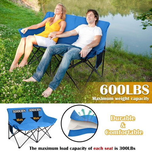 HaSteeL Folding Camping Chair, Portable Double Outdoor Loveseat for 2 Adults Person, Durable Foldable Collapsible Chairs for Camp Patio Picnic Beach Travel, Support 600Lbs, for Women & Men, Blue