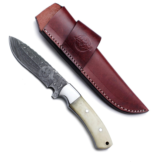 WolfKlinge Handmade Damascus Steel Knife Bowie for Hunting,Survival,Camping,Bushcrafting and Fishing Fixed Blade Dagger with Drop point Full Tang Micarta Handle-Cowhide-Leather Sheath - WKD-793