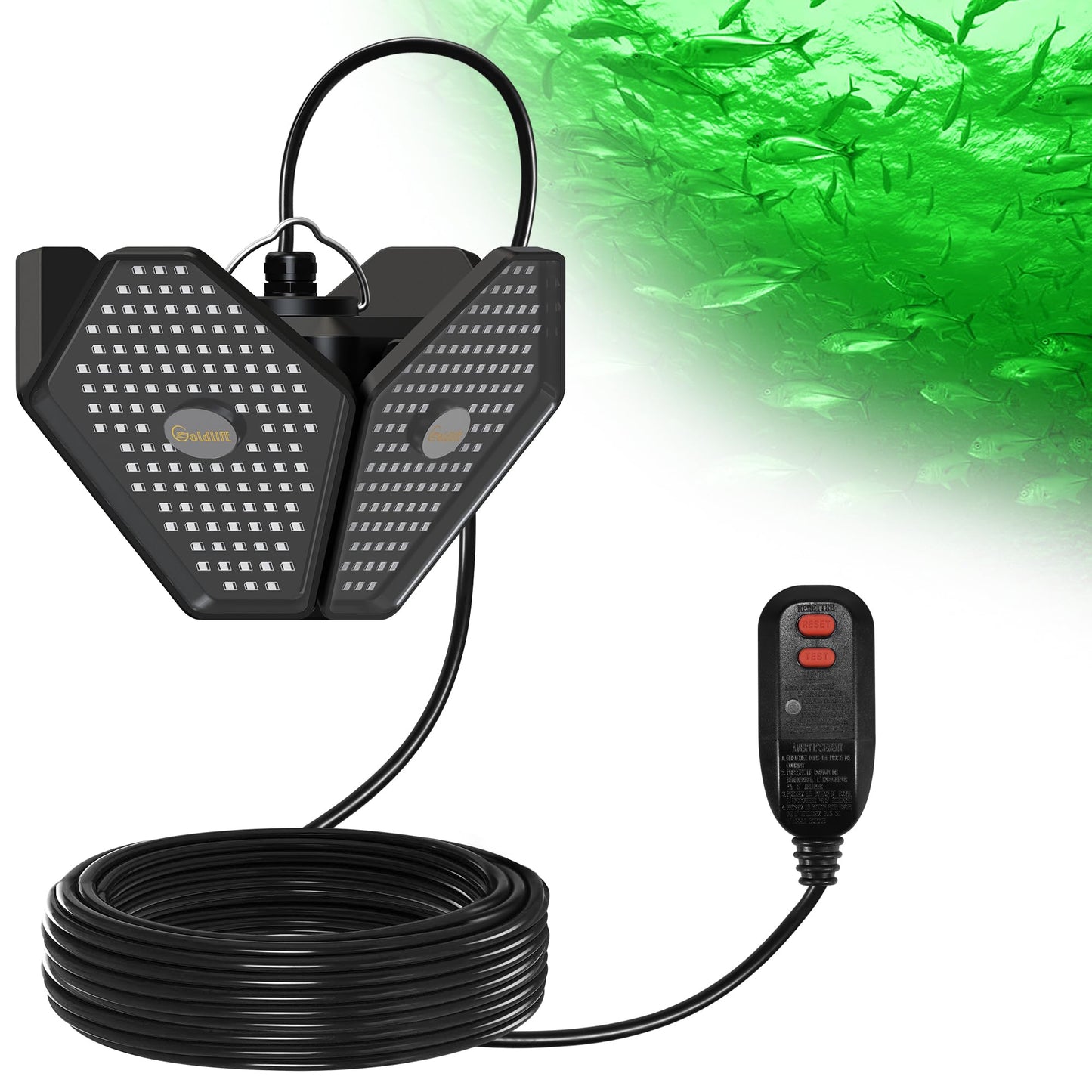 Goldlife 110V Underwater Fishing Light with 50ft Cable, 400W 40000LM Foldable GFCI Safety Plug Brightness Green LED Light Attractants for Docks/Boats/Kayaks, IP69K Rated for Fresh & Salt Water