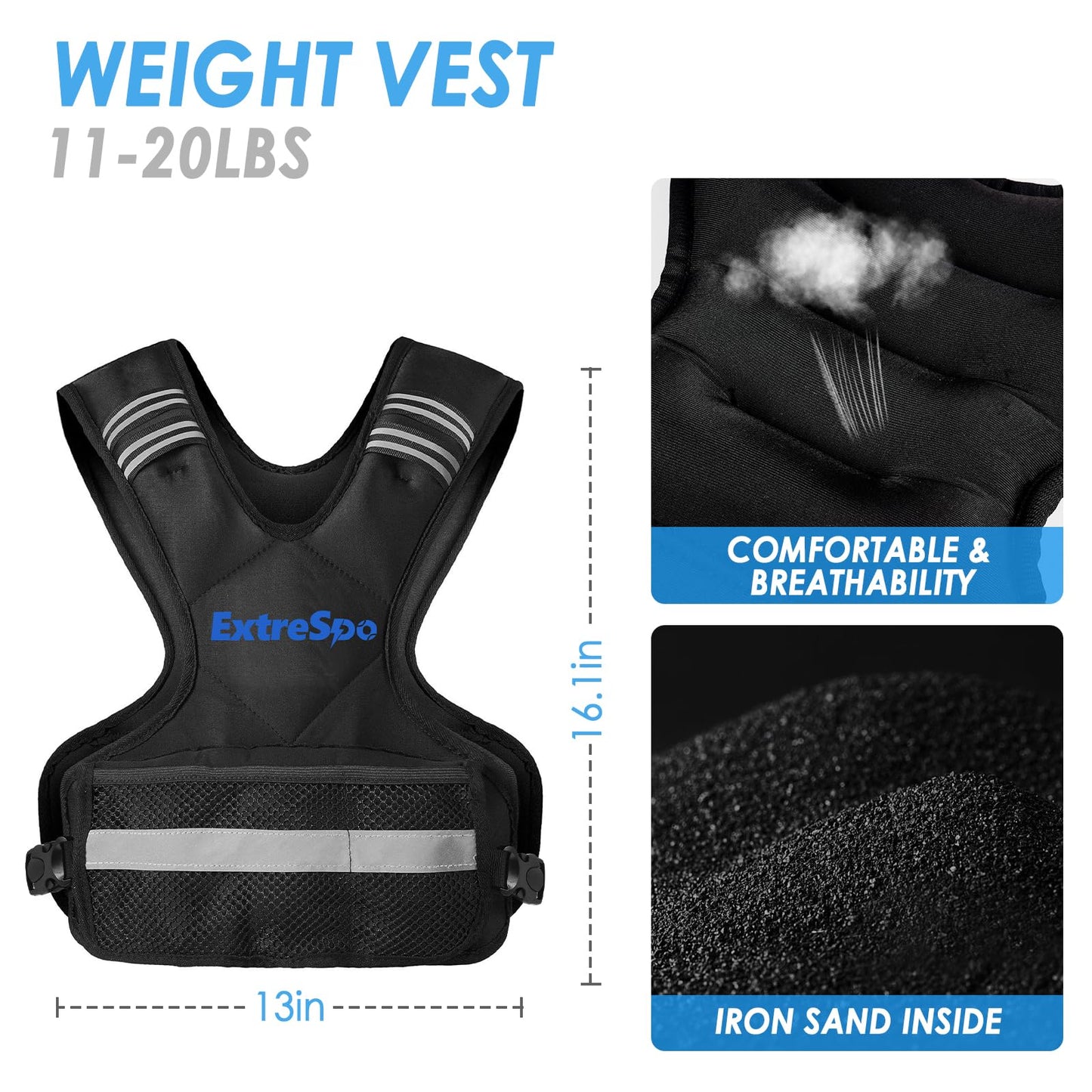 ExtreSpo Adjustable Weighted Vest for Women and Men, 11-20lb Weight Vest with 6 Ironsand Weights, Body Weight Vest Exercise Set with Reflective Strip for Strength Training and Workout