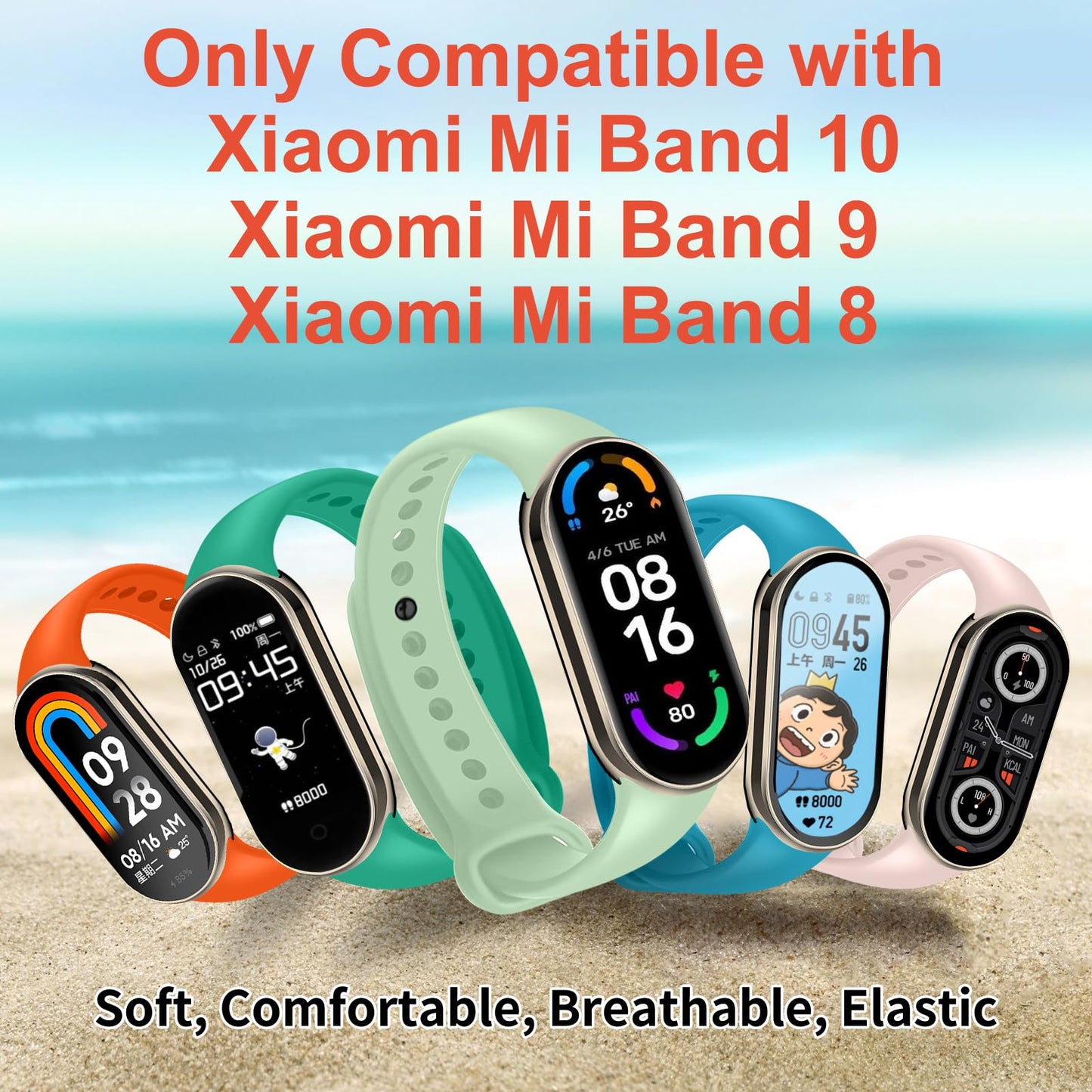 8-Pack Mi Band 10/9/8 Strap, Soft TPU Replacement Watch Bands with Secure Anti-Loss Clasp, Comfortable Sport Wrist Straps for Xiaomi Mi Smart Band 10/9/8 (8 Colors)