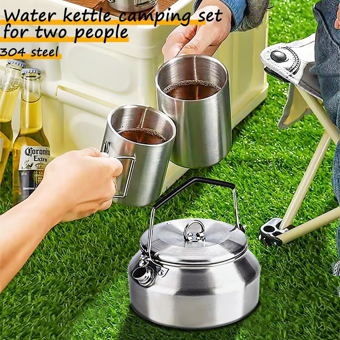 3PCS Camping Kettle Outdoor Campfire Camp Kettle Set with 2 Cups, 1L Stainless Steel camping tea kettle Coffee Pot, Portable Lightweight Teapot, Ideal for Hiking Picnic Travel, Silver