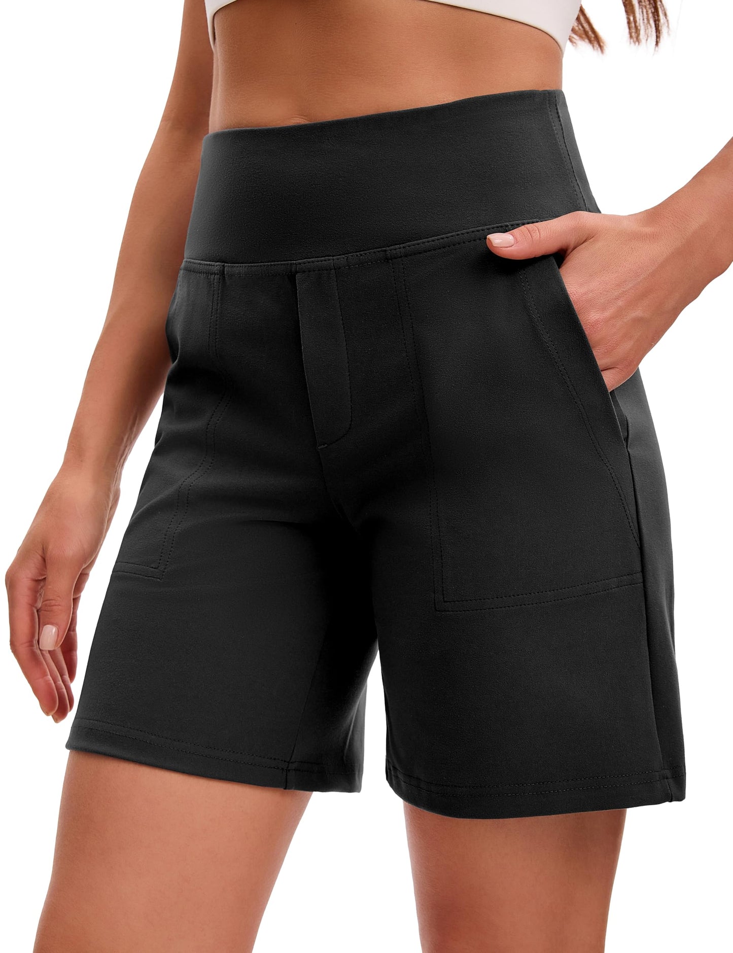 VOOVEEYA Women's Bermuda Shorts 7" High Waisted Athletic Long Shorts with Pockets for Running Yoga Casual（7" Black XL）
