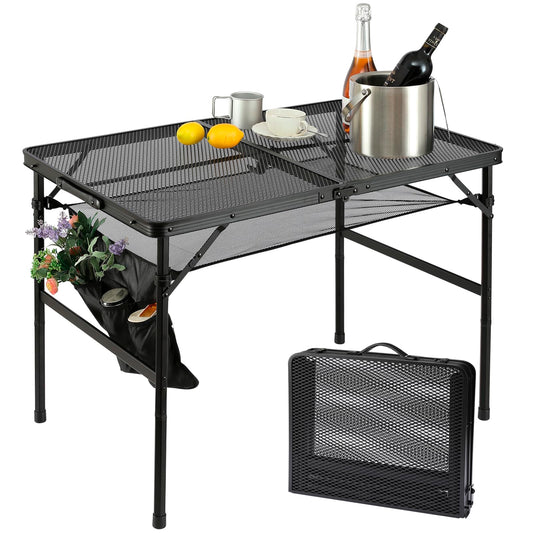 SKIKEN Folding Metal Camping Table with Mesh Layer, Portable & Lightweight Grill Table for Outdoor, 2 Adjustable Heights, Metal Mesh Tabletop for Camping Cooking, Medium Size (2.95 FT, Black)