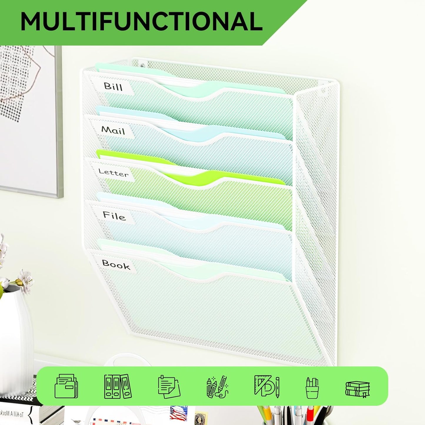 5 Pockets Mesh Hanging Wall File Holder Organizer Wall Mounted Paper Magazine Rack, Black