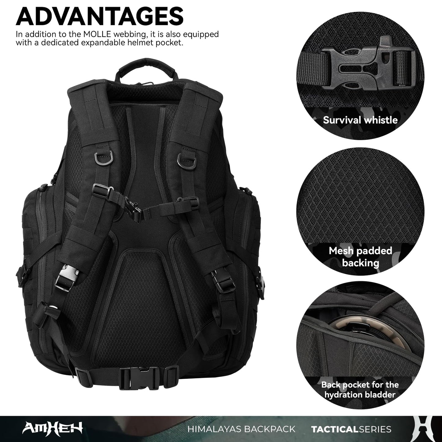AMHEH 52L Tactical Backpack Military Molle Assault Pack - 3 Day Bugout Survival Rucksack, Hydration Compatible, Black
