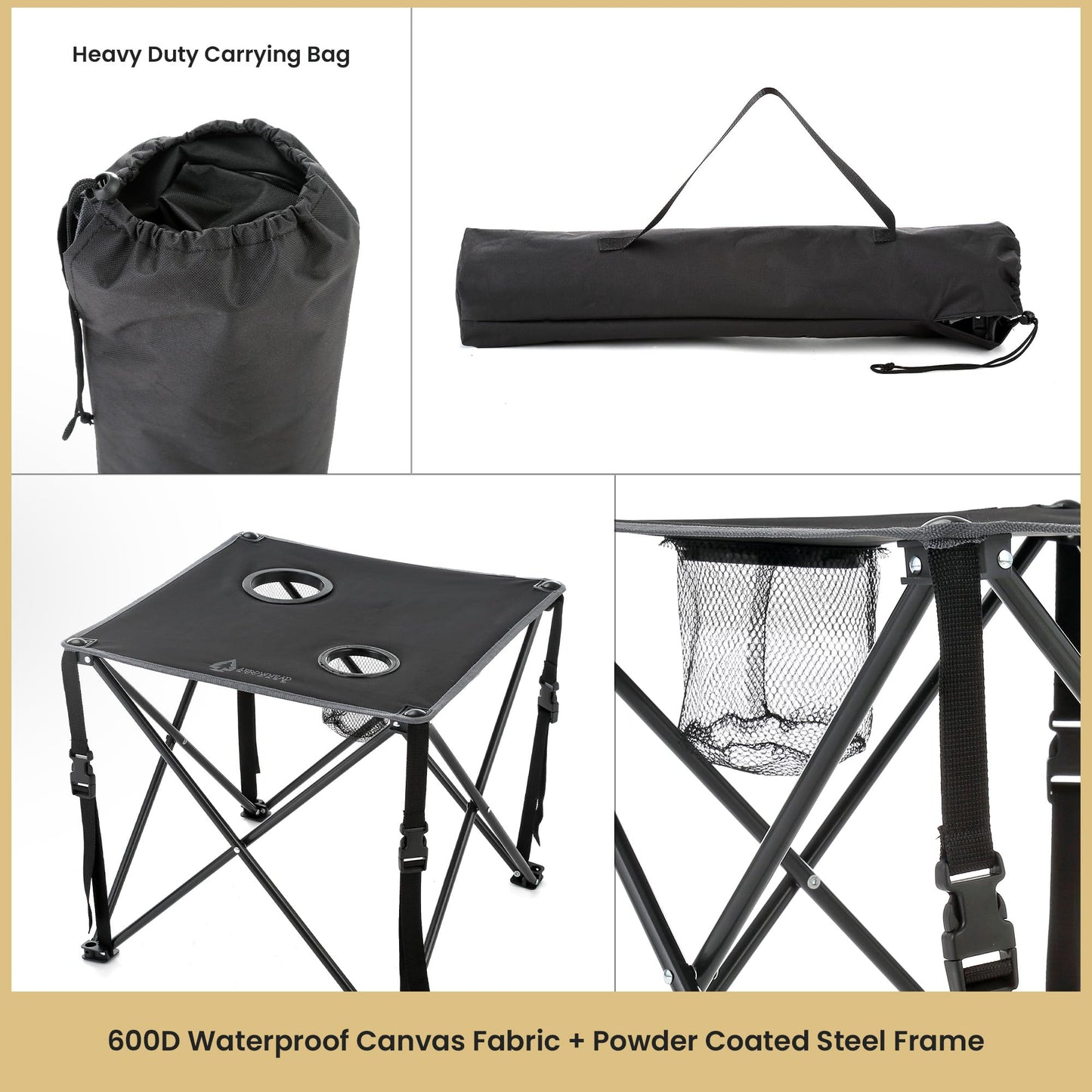 ARROWHEAD OUTDOOR 26” (66cm) Portable Camping Folding Table, 2 Cup Holders, Square, Carrying Case, Steel Frame, High-Grade 600D Canvas