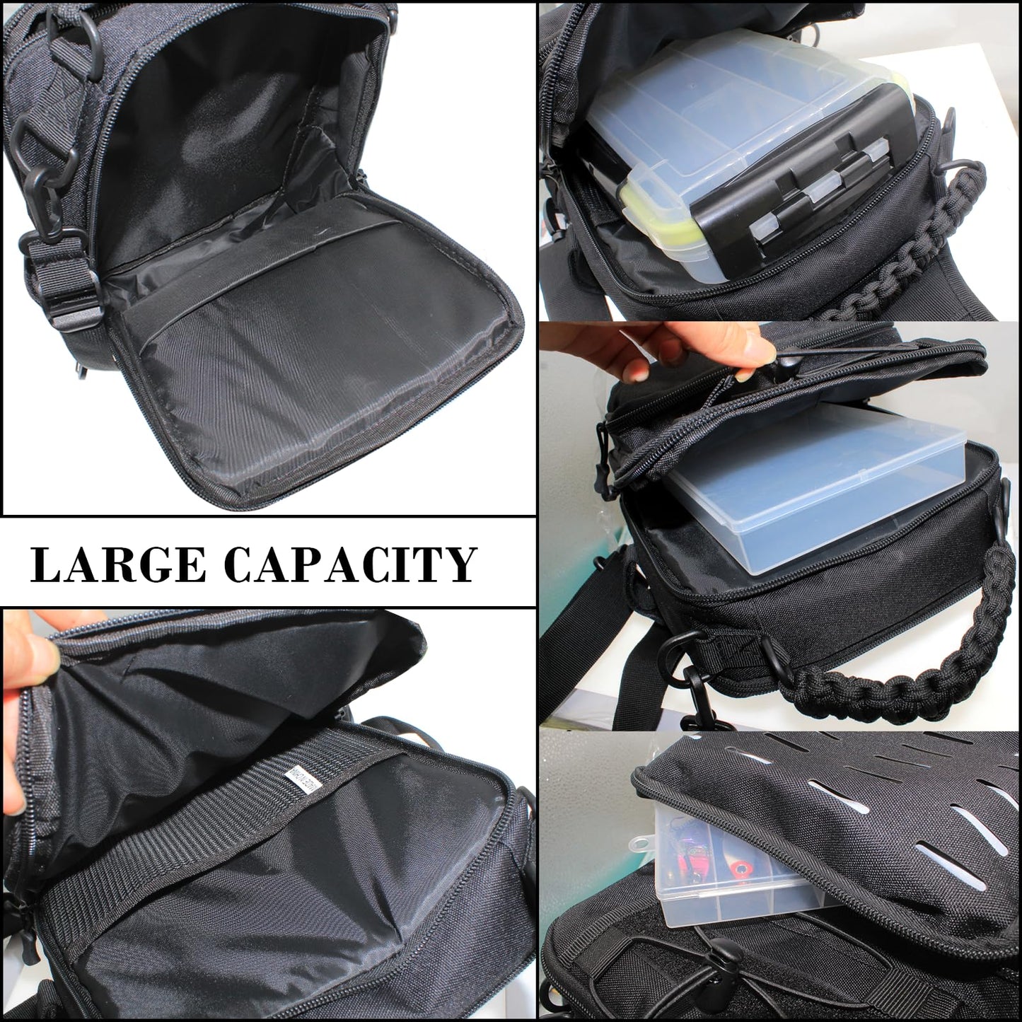 Zsrivk Fishing Tackle Bag with Earphone Hole, Lightweight Sling Shoulder Backpack Tackle Storage Bag with Rod & Gear Holder