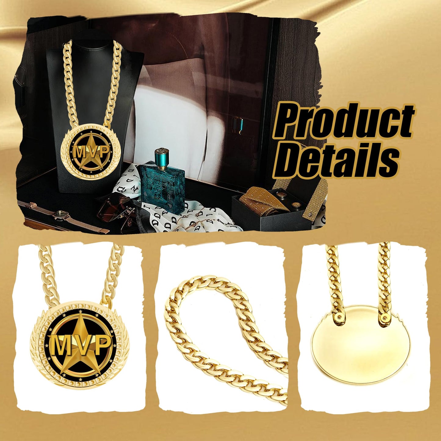 Gold MVP Award Medals Necklace - 6" Big Sports Achievements Champ Medal with Turnover Chain for Most Valuable Player,Champion Chain for Sports Competitions Celebration, Prize Gifts Party Favors