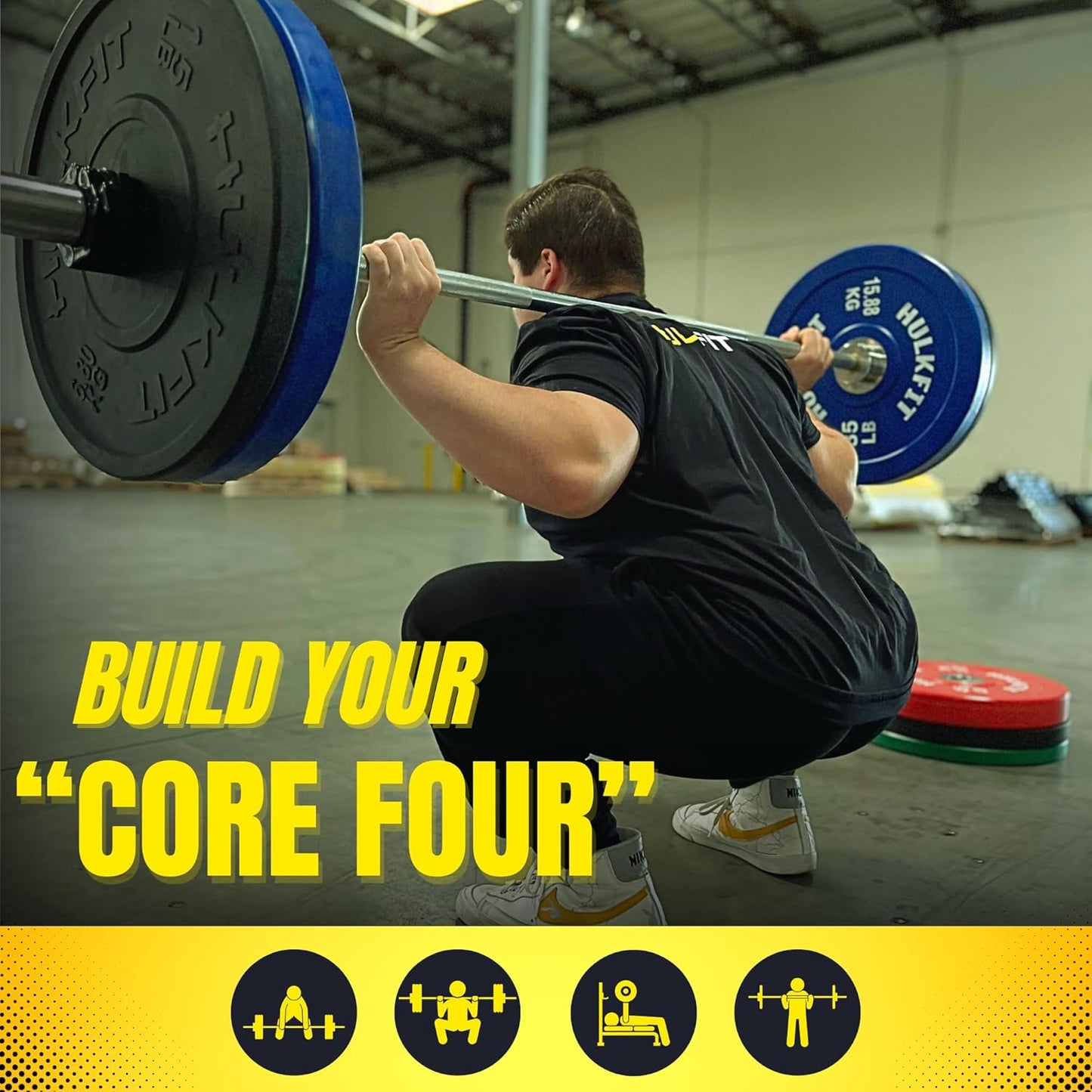 HulkFit 2-inch Sport Series Olympic Weight Plates Bumper Plates for Barbell Weightlifting Strength Training with Shock Absorbing Low Bounce Technology - Black & Multicolor