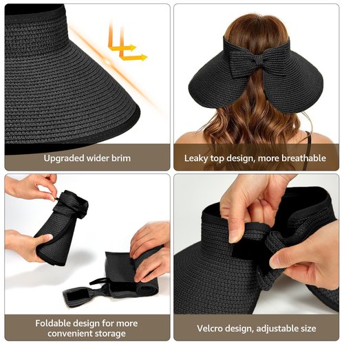 Sun Visor Hat for Women, Wide Brim Straw Summer UV Protection Hat, Foldable Roll-up Packable Beach Cap （Black）