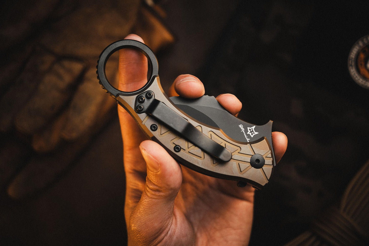 Fox Knives Tribal K Karambit Knife FX-802 TiPVD - M390 Stainless Steel Folding Blade - Designed by Doug Marcaida - Titanium Bronze PVD Handle Liner Lock Folder