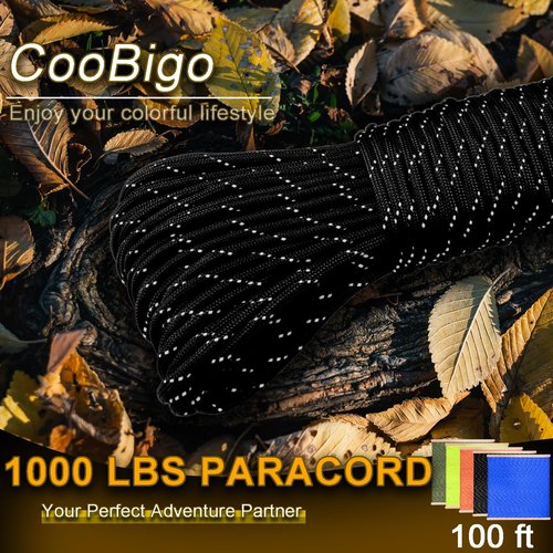 CooBigo Paracord Rope 1000 lb 4mm 12 Strand Parachute Cord 100ft Reflective Black Paracord for DIY Weave Bracelet/Lanyards Tent Camping Hiking Survival or Others Outdoor Gear