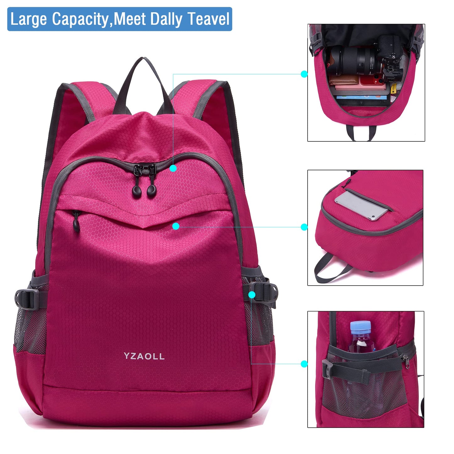 YZAOLL Small Lightweight Packable Hiking Backpack, 20L Hiking Backpack Day Pack for Women Men Travel Camping Vacation,Rose