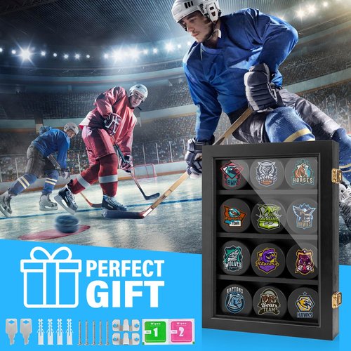 ULTRGEE Hockey Display Case - 12 Pucks, Holder Cabinet Stand Shadow Box for Wall Mount, Removable Shelves, Acrylic Panel - Gift for Collectors