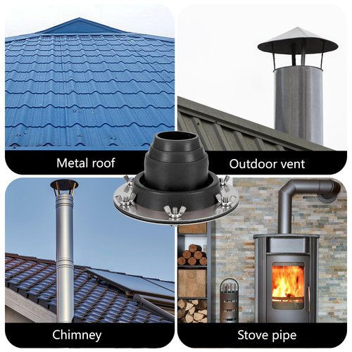 Tent Stove Jack Kit: Flexible Silicone Pipe Boot, High Temp Flue Flashing for Bell Tent, Yurt, & Wood Burners (Triple Wall Pipe Compatible, Stove Pipe OD 1 3/4"-3 1/4") (Blcak)