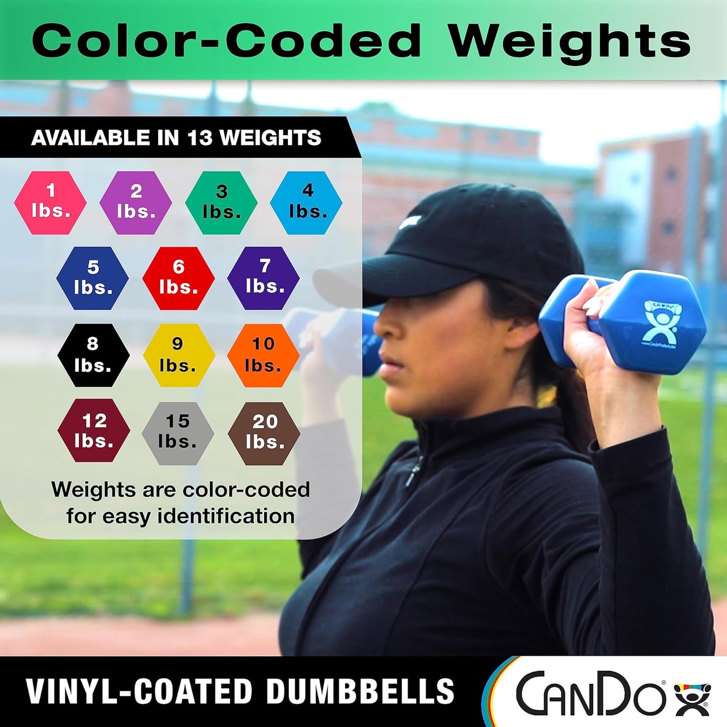 CanDo Vinyl Coated Dumbbells Pair Green 3 lb 2pc Handheld Weights for Muscle Training and Workouts, Color Coded Anti-Roll Home Gym Equipment, Beginner and Pro