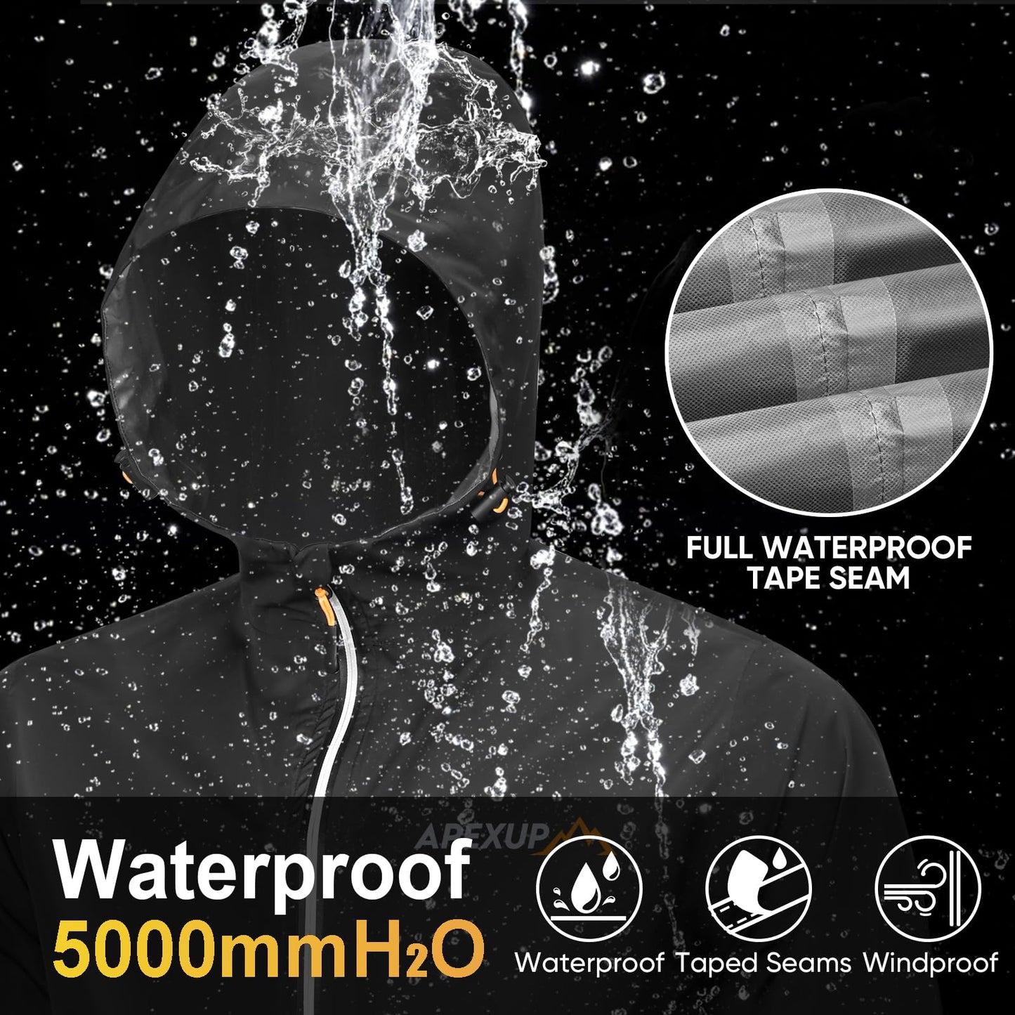 APEXUP Packable Rain Jacket Men with Reflective Zipper, Lightweight Waterproof Jacket Windbreaker Hooded Raincoat, Mens Rain Jackets for Outdoor, Running, Hiking, Travel, Cycling (Black, XL)