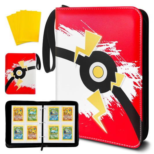4-Pockets Trading Card Binder PLUS Extra Pack of 100 Sleeves, carries 440 cards in 55 Double sided Pages, FREE Pack of 100 Yellow Sleeves to safely store extra Cards, Premium Zipped PU Leather Cover