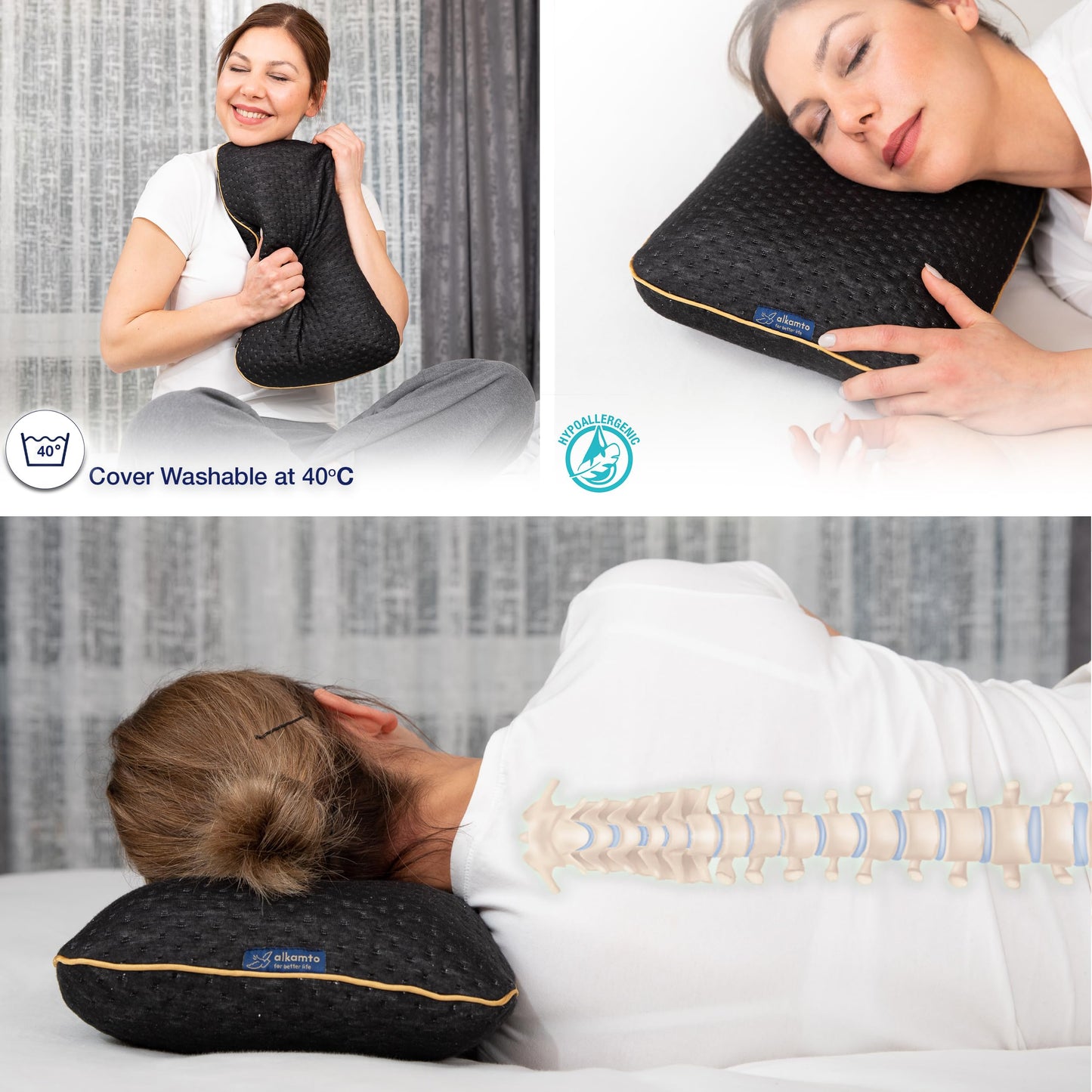 alkamto Travel & Camping Comfortable Memory Foam Pillow – Easy to Carry Portable Bag – Temperature Regulating Pillow Case (Black)