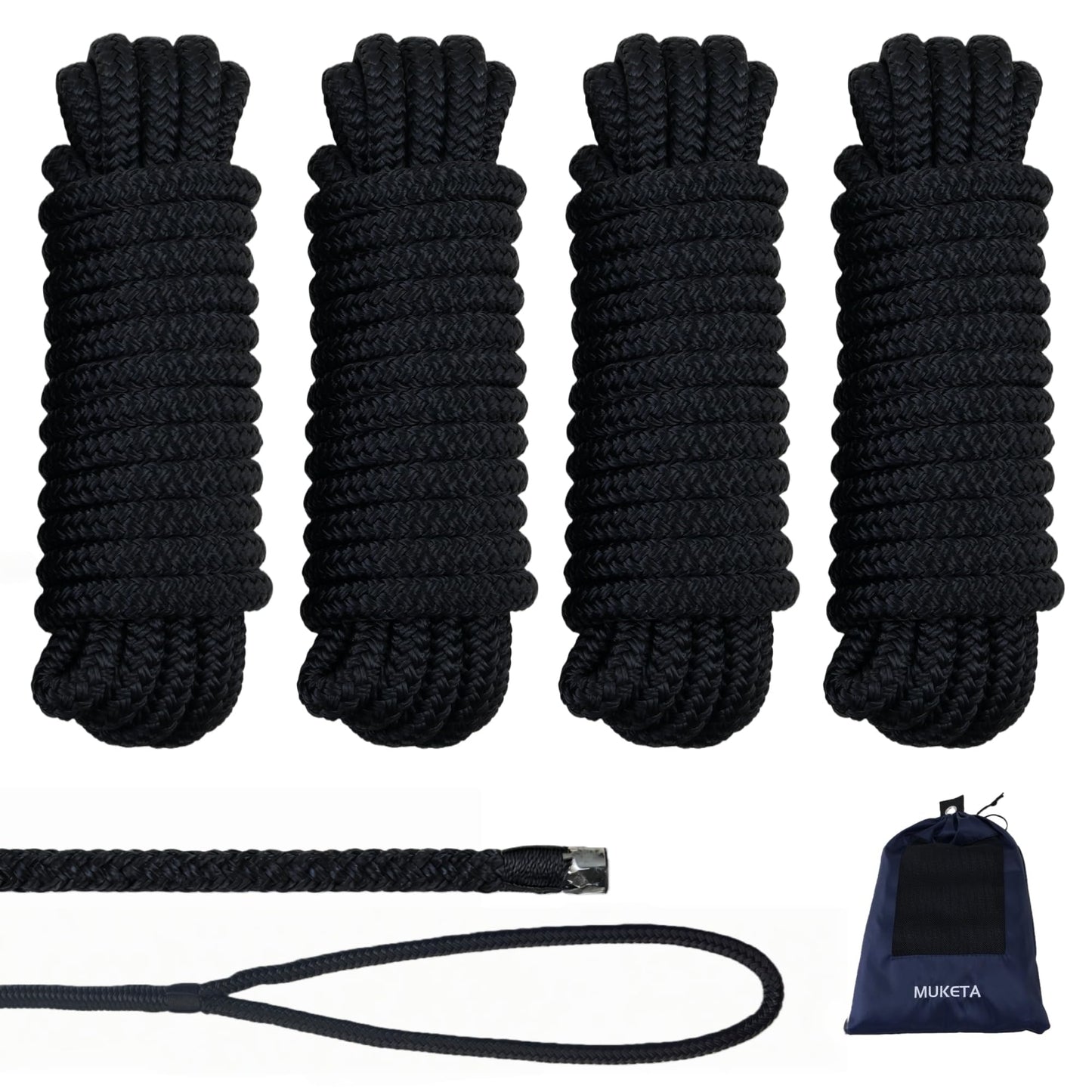 MUKETA 4 Pack Boat Dock Lines 3/8" x 15' with 12" Eyelet Marine Grade Double Braided Nylon Boat Ropes, High Strength Boat Lines for Docking and Mooring,Fray Resistant,Easy to Handle,Black