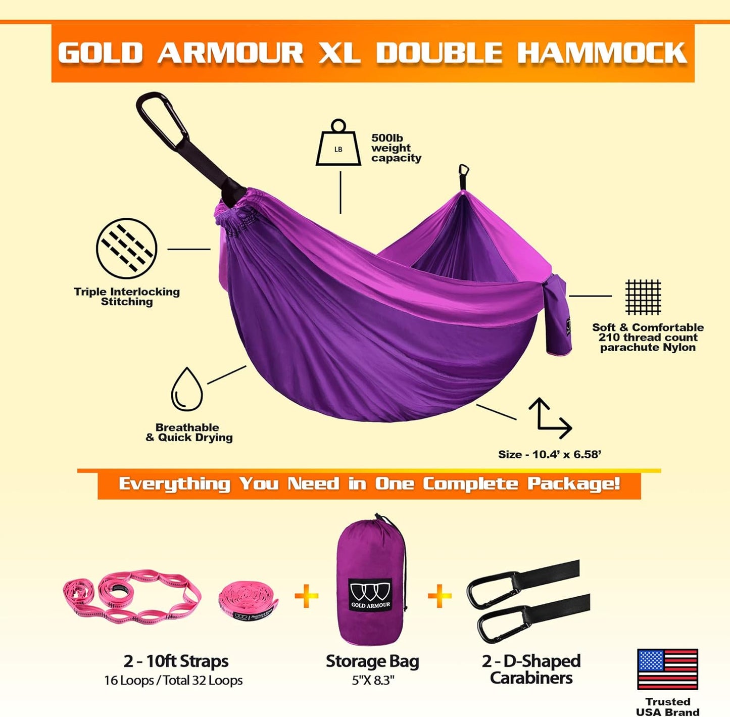 Gold Armour Camping Hammock - XL Double Hammock Portable Hammock Camping Accessories Gear for Outdoor Indoor with Tree Straps, USA Based Brand (Gray)
