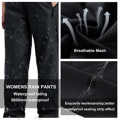 Women's Rain Pants Waterproof Hiking Pants, Lightweight Windproof Rain Over Pants for Golf, Fishing, Hiking, Outdoor Work (Black, XL)