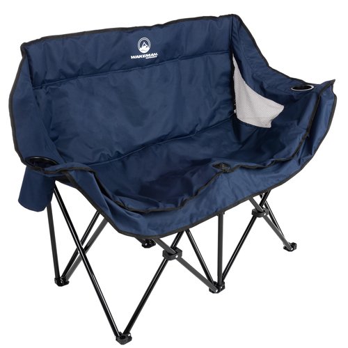 Double Camping Chair - Foldable Portable Couch with 2 Cupholders and Padded Seats - Two-Person Camp Chair with Carrying Bag by Wakeman Outdoor (Blue)