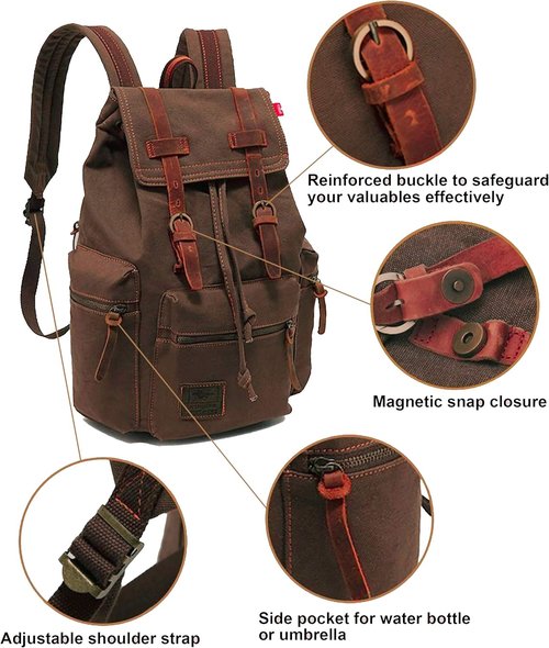 HuaChen Vintage Canvas Backpack with Leather Accents – Durable Travel Rucksack for Hiking, Camping, and Everyday Use – Men and Women M32-Gray-L