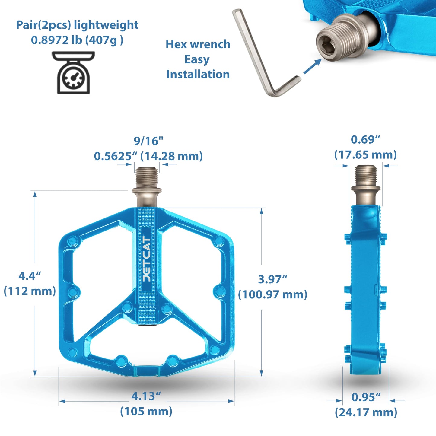 JETCAT Mountain Bike Pedals Flat - MTB Pedals Flat, Bicycle Pedals, Road Bike Pedals, BMX Pedals, for BMX MTN Road Gravel EBike, Specialized Parts, Adults, Aluminum Metal Stamp 9/16" Blue