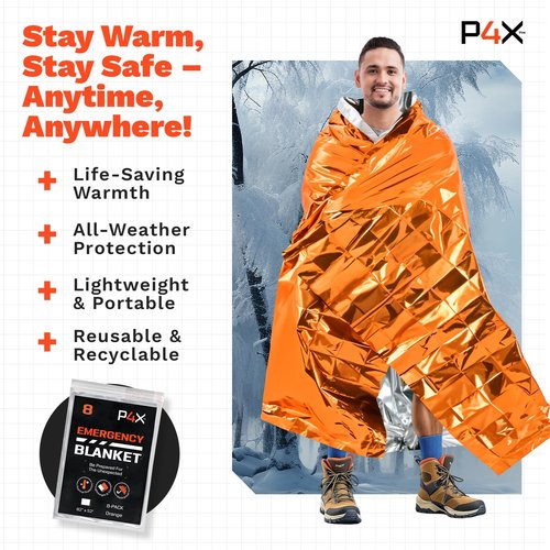 PREPARED4X 8-Pack Mylar Emergency Blanket - Mylar Blankets Survival Thick Reusable - Waterproof, Rip, and Tear Resistant Survivalist Gear - Emergency Thermal Blanket for Outdoors (Orange)