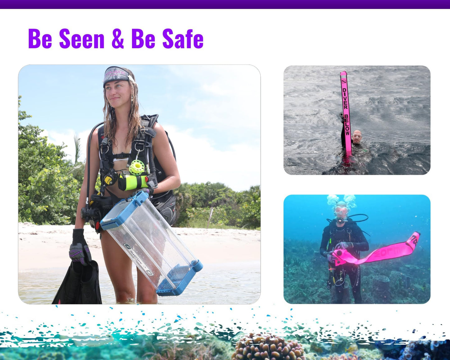 Aquatic Hunt 3 Piece Set = 6ft (1.83M) Safety Sausage (SMB) + 4" SS Clip + 100ft (30M) Finger Reel/Spool (Yellow)