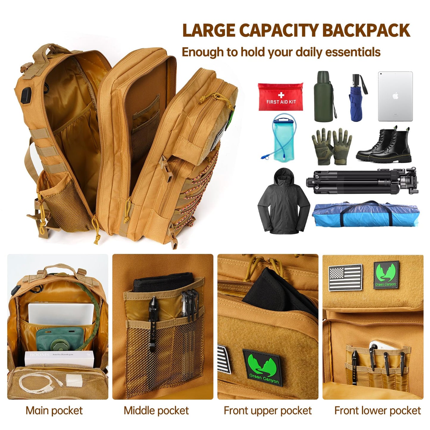 Green Canyon 45L Tactical Assault Backpack with Molle and Charging Port, Water Resistant Military Backpack for Men Women Hiking Rucksack 3 Day Bug Out Bag, Khaki