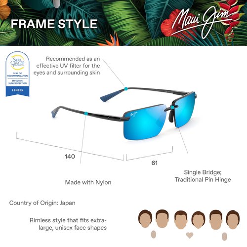 Maui Jim Laulima Rectangle Sunglasses, Shiny Trans Dark Grey/Blue Hawaii Polarized, Extra Large