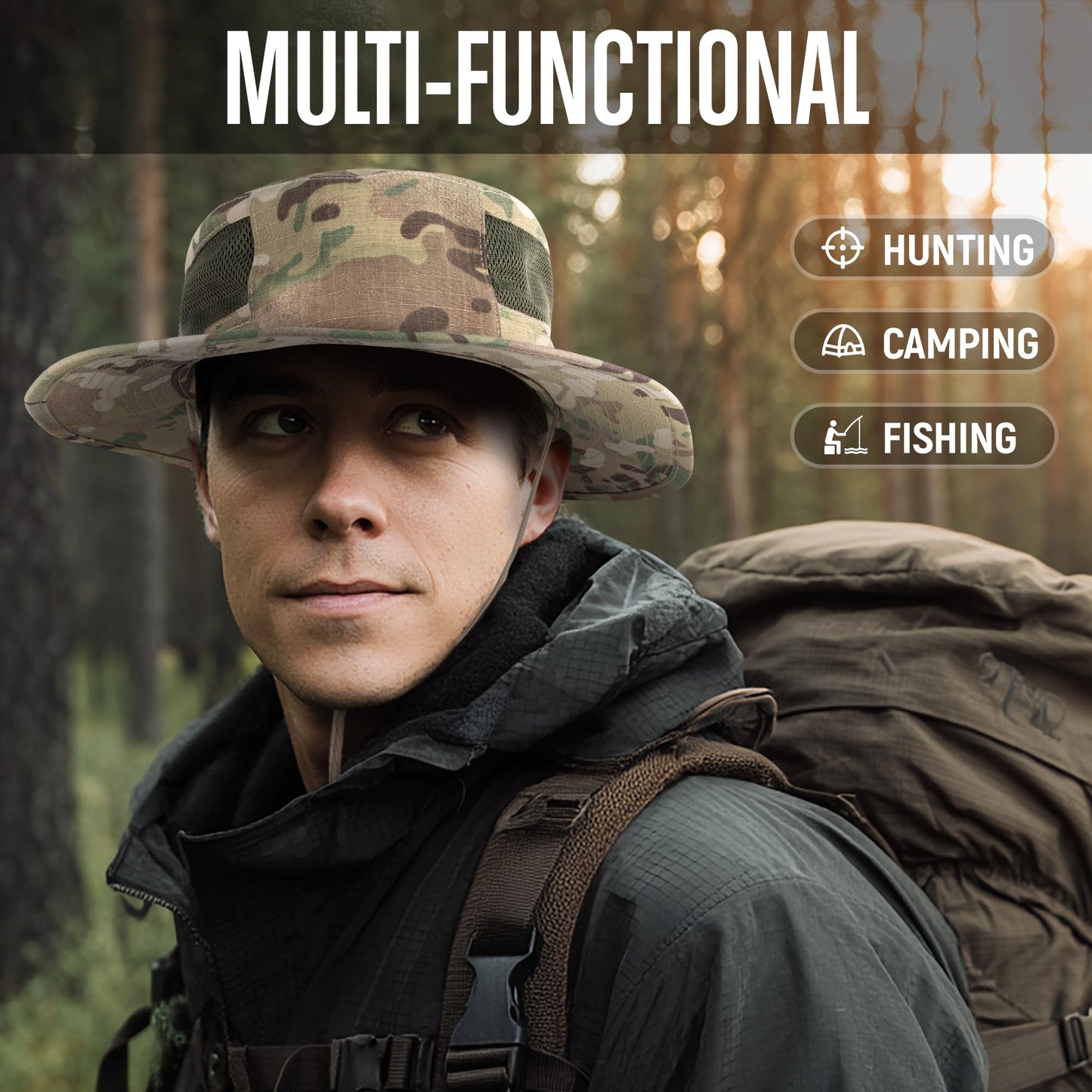 GLORYFIRE 2024 Update Boonie Hat Military Tactical Boonie Hats for Men Women Hunting Fishing Outdoor with Breathable Mesh Hole Camo