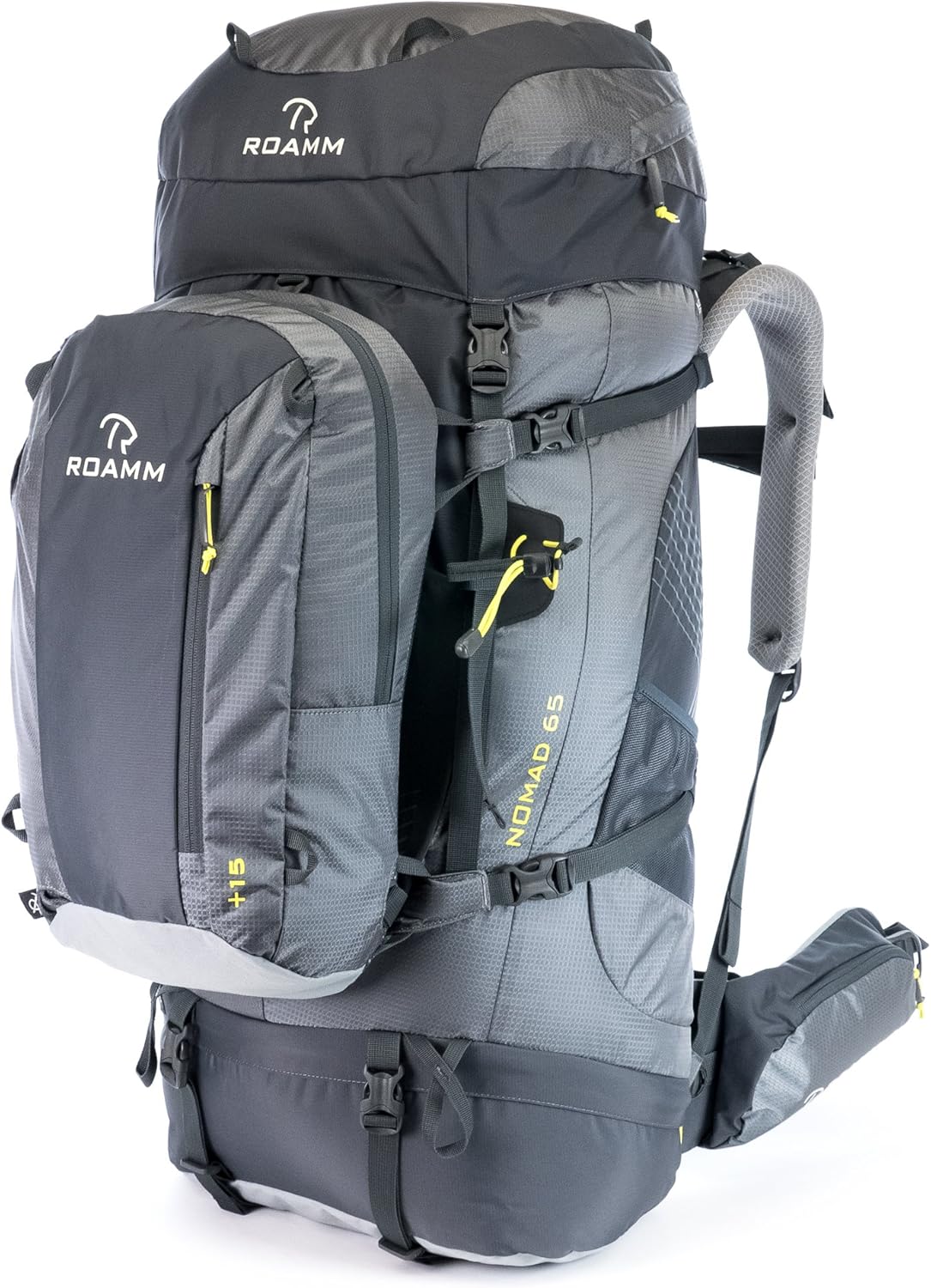 Nomad 65 +15 Backpack - 80L Liter Internal Frame Pack with Detachable Daypack - Best Bag for Camping, Hiking, Backpacking, and Travel - Men and Women, Grey
