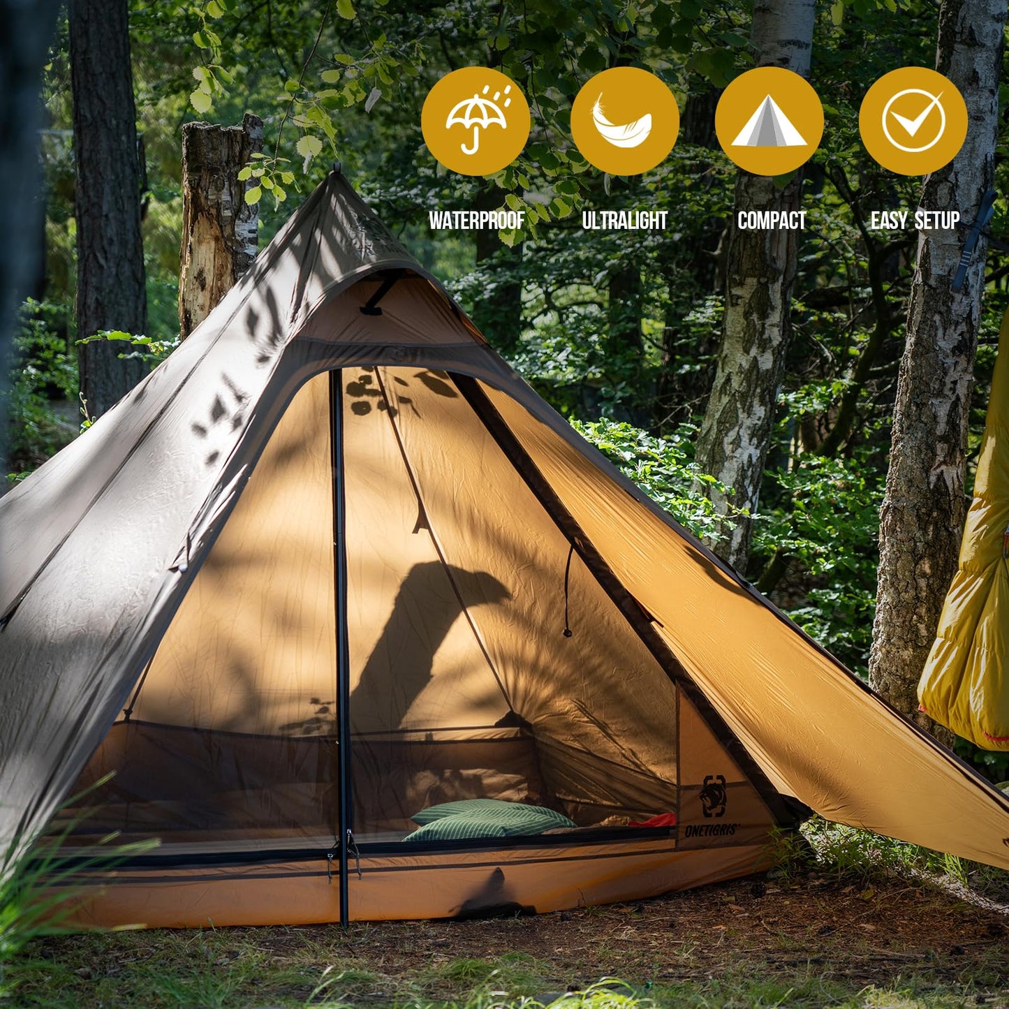 OneTigris Tetra Ultralight Tent Tipi 1-2 Person, Trekking Pole Tent, Waterproof 3 Season, Ideal for Camping Hiking Backpacking Bushcraft (160cm Version-Coyote Brown)