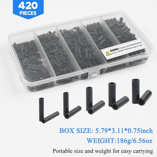 SILANON Fishing Crimp Sleeves Kit,420pcs Single Barrel Crimp Sleeves Brass Copper Crimping Loop Sleeve with Black Oxidized Fishing Line Tubes Connectors Fishing Wire Leader Rigging Tackle
